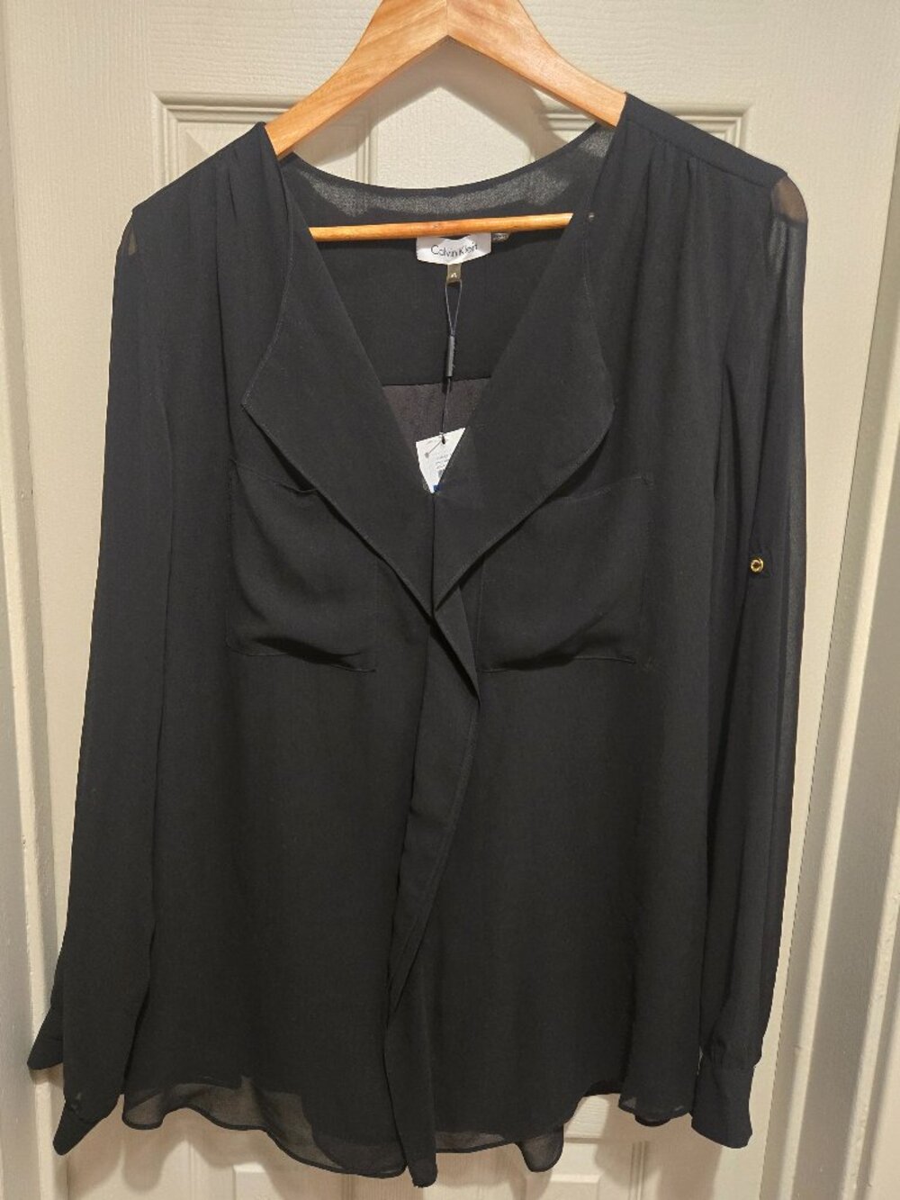 Calvin Klein Black Long Roll Tab Sleeve Button Up Blouse Women's sz XL